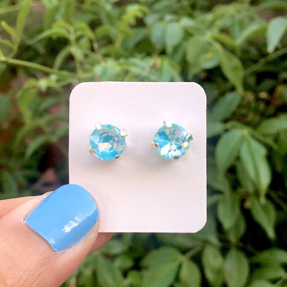 Aquamarine Blue Opal Aurora Borealis + Silver Crystal Earrings